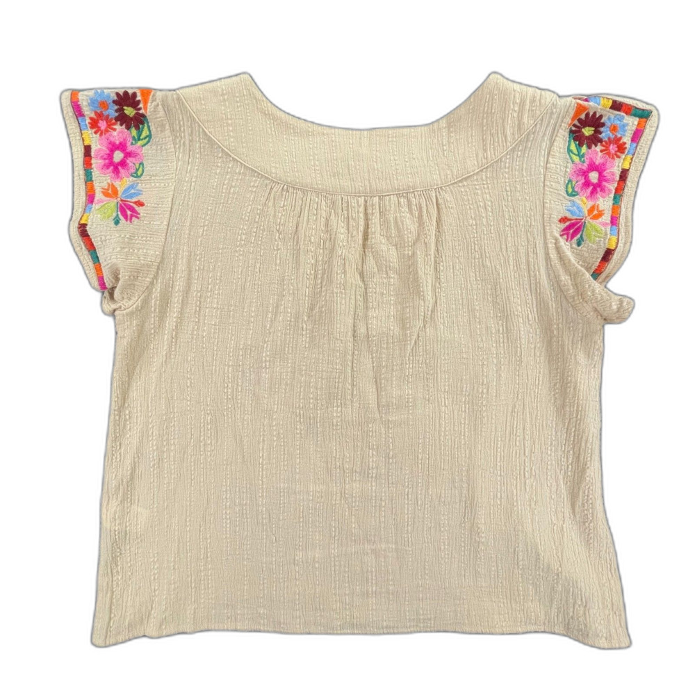 THML Boho Embroidered Flutter Sleeve Top S Cream Cotton Floral Peasant Blouse - Picture 2 of 9